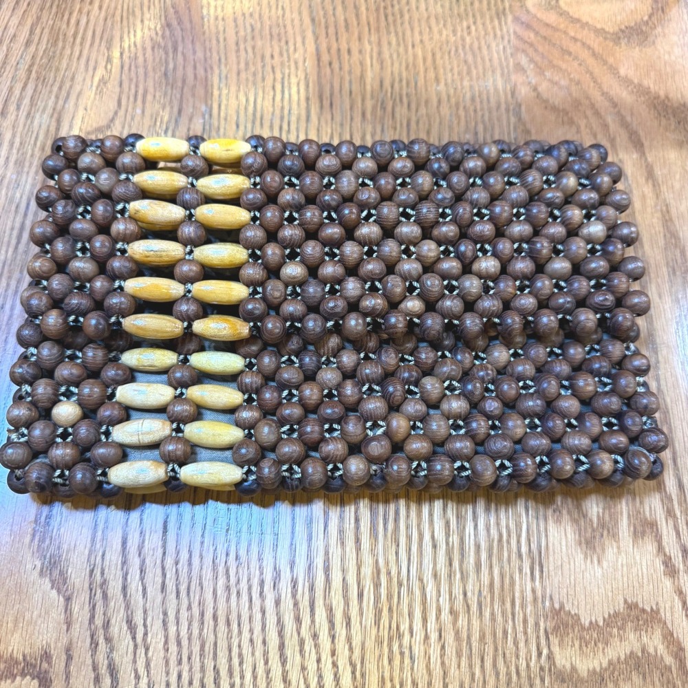 Vintage Wooden Bead‎ Clutch Handbag Brown Tan Woven Zipper Made in Korea Boho